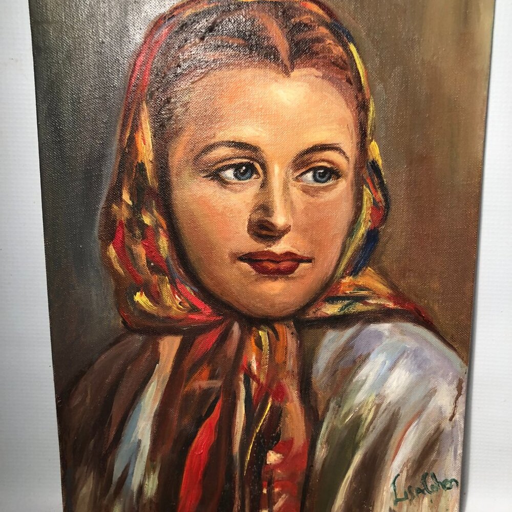 Vintage Oil Painting Portrait Of Ukrainian Girl on Canvas Panel Signed